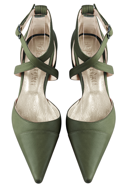 Forest green women's open side shoes, with crossed straps. Pointed toe. Medium spool heels. Top view - Florence KOOIJMAN